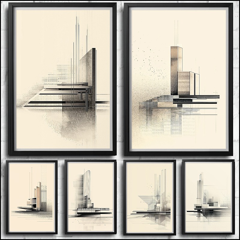 Home Office Architecture - 빈티지 미니멀리스트 건축 도면 포스터 인쇄